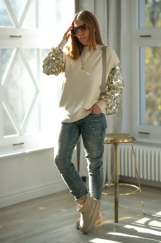 BASTET Sweter z cekinowymi rękawami (beż)