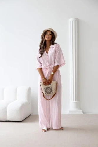 CARMEL Komplet damski BOHO len-bawełna (róż)
