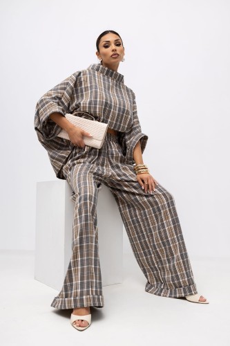 MISS CITY OFFICIAL Damska Bluzka Grid Pattern Kimono (beż)