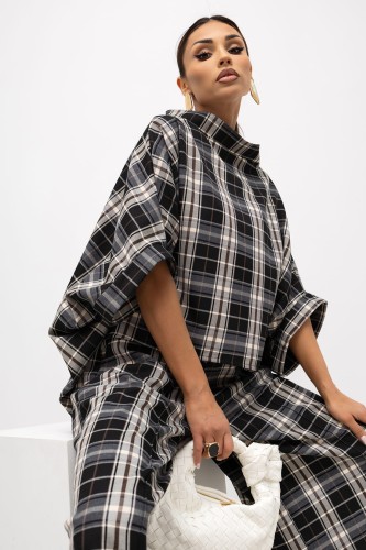 MISS CITY OFFICIAL Damska Bluzka Grid Pattern Kimono (czarny)