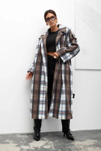 mco damski plaszcz cozy plaid longline brazowy 1.webp