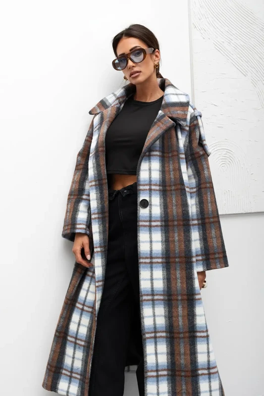 mco damski plaszcz cozy plaid longline brazowy 3.webp
