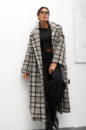 mco damski plaszcz cozy plaid longline szary 2.webp