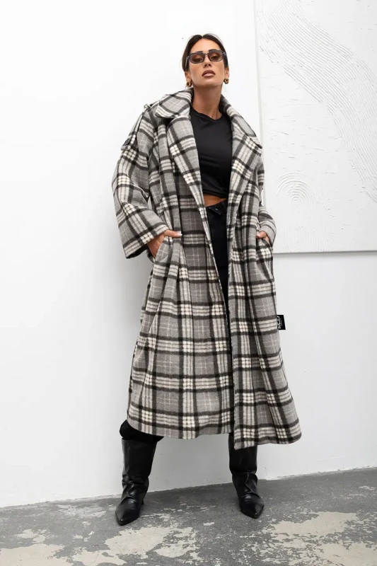 mco damski plaszcz cozy plaid longline szary 3.webp