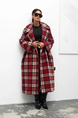 mco damski plaszcz cozy plaid longline bordowy 1.webp