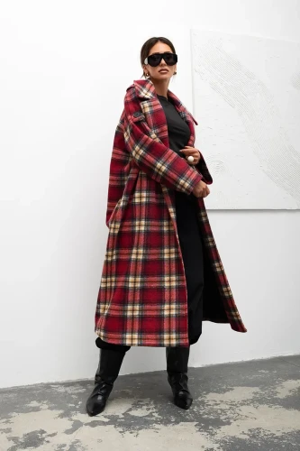 mco damski plaszcz cozy plaid longline bordowy 2.webp