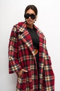 mco damski plaszcz cozy plaid longline bordowy 3.webp