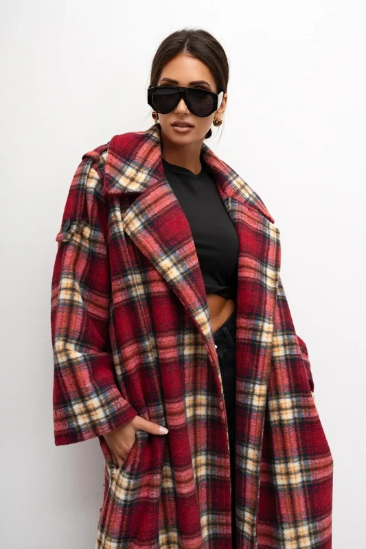 mco damski plaszcz cozy plaid longline bordowy 3.webp