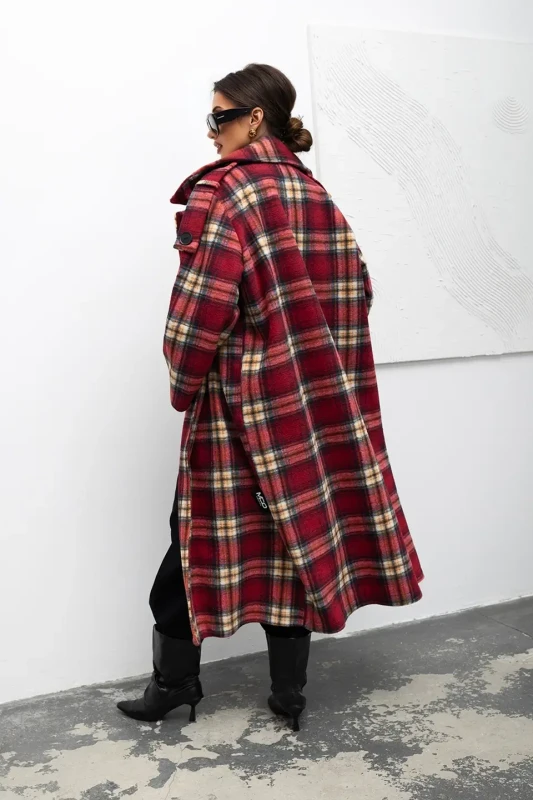 mco damski plaszcz cozy plaid longline bordowy 4.webp