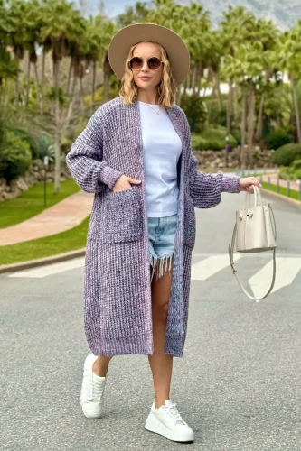 SPLOTY Dlugi kardigan oversize z kieszeniami Multicolor czarny 2.webp