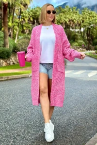 SPLOTY Długi kardigan oversize z kieszeniami Multicolor fuksja ecru 1.webp