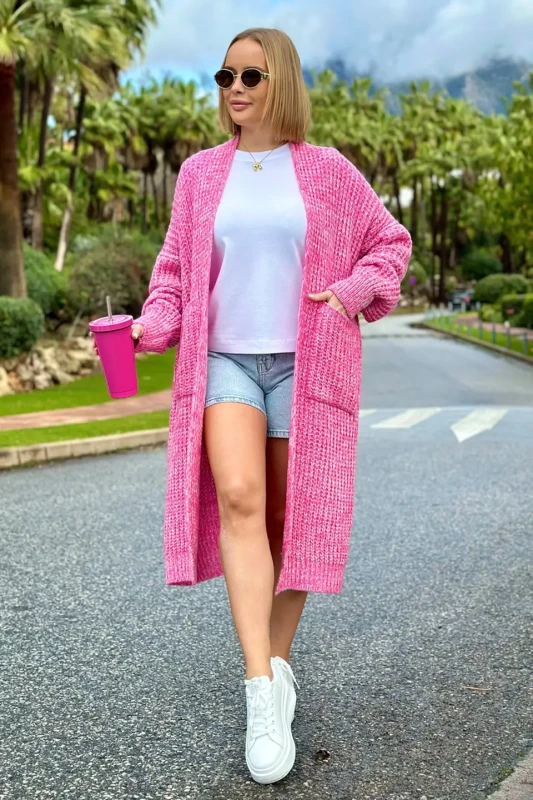 SPLOTY Długi kardigan oversize z kieszeniami Multicolor fuksja ecru 2.webp