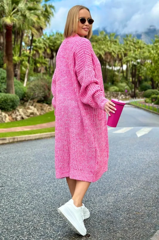 SPLOTY Długi kardigan oversize z kieszeniami Multicolor fuksja ecru 4.webp