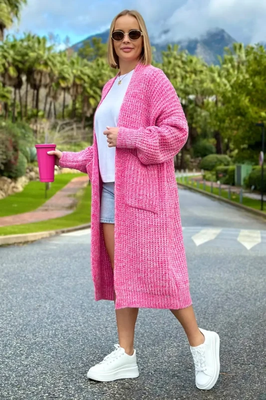 SPLOTY Długi kardigan oversize z kieszeniami Multicolor fuksja ecru 5.webp