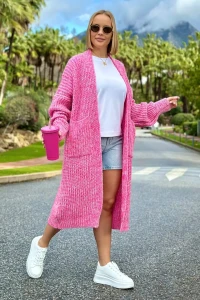 SPLOTY Długi kardigan oversize z kieszeniami Multicolor fuksja ecru 6.webp