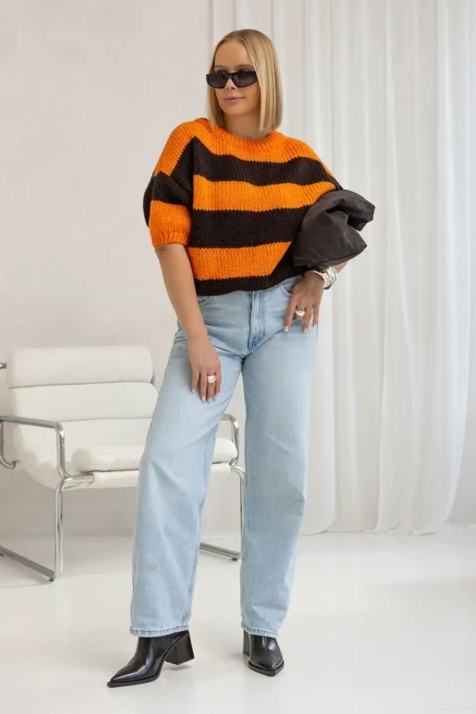 SPLOTY Krotki sweter w paski Gabriella pomarancz czekolada 2.webp