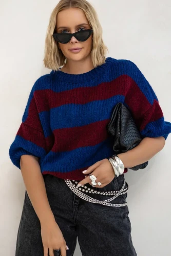 SPLOTY Krotki sweter w paski Gabriella atrament burgund 2.webp