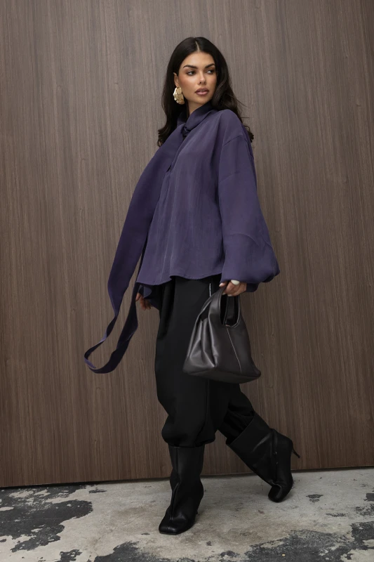 mco Elegancka Damska Bluzka Oversize z Szarfa FLOW filetowy 3.jpg
