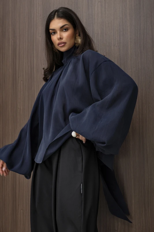 mco Elegancka Damska Bluzka Oversize z Szarfa FLOW granatowy 1.jpg