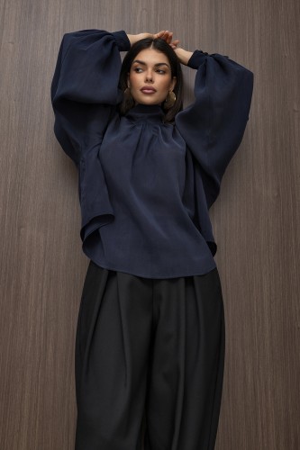 mco Elegancka Damska Bluzka Oversize z Szarfa FLOW granatowy 2.jpg