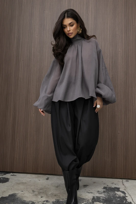 mco Elegancka Damska Bluzka Oversize z Szarfa FLOW szary 3.jpg