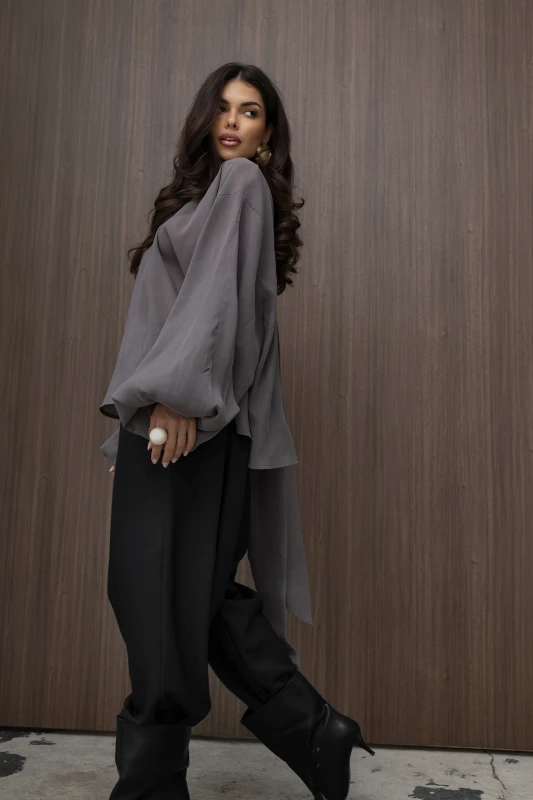 mco Elegancka Damska Bluzka Oversize z Szarfa FLOW szary 4.jpg