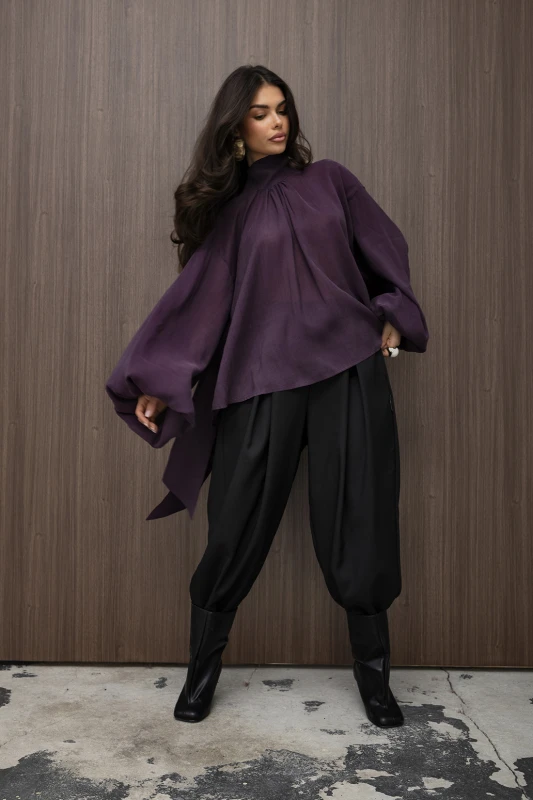 mco Elegancka Damska Bluzka Oversize z Szarfa FLOW sliwka 2.jpg