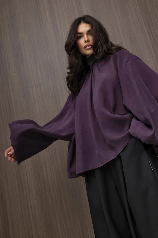 mco Elegancka Damska Bluzka Oversize z Szarfa FLOW sliwka 3.jpg