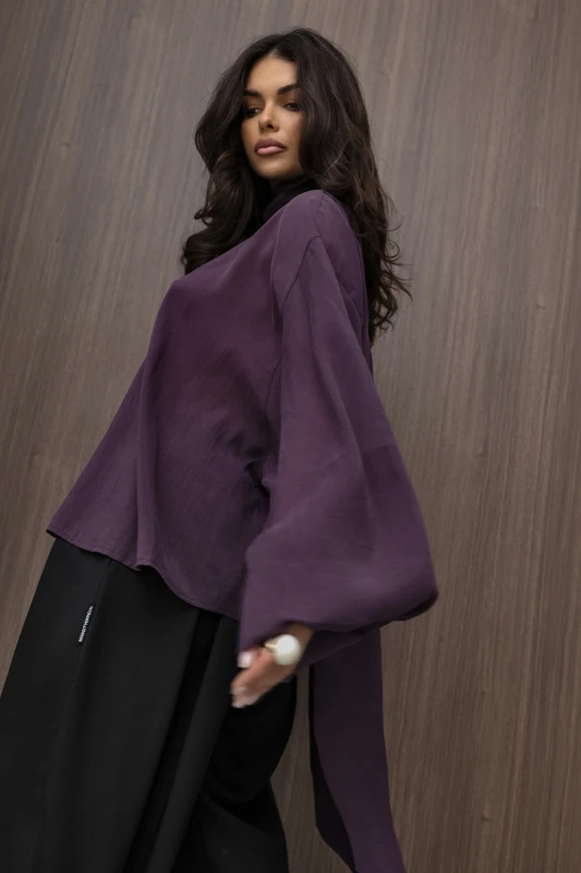 mco Elegancka Damska Bluzka Oversize z Szarfa FLOW sliwka 4.jpg