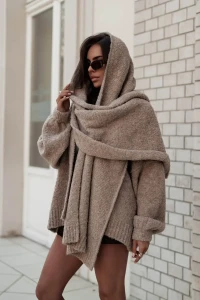 pola kardigan damski boucle z szalem taupe 1.webp