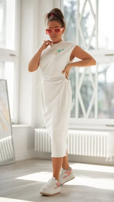 BASTET Sukienka letnia z agrafką oversize biała