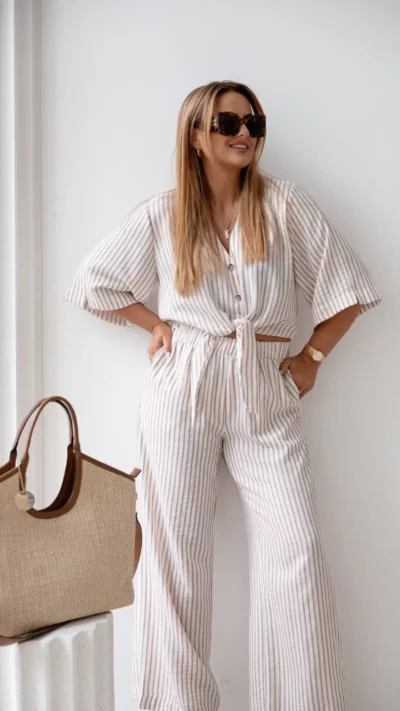 CARMEL Komplet damski BOHO len-bawełna (beż)