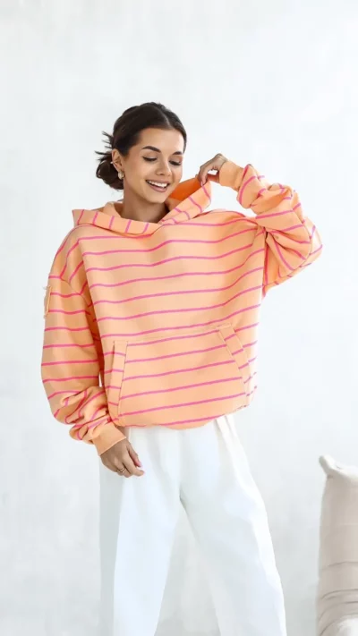 Lara Bluza z kapturem Kangaroo w paski (pomarańcz)
