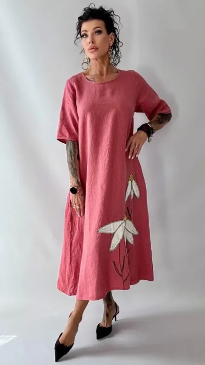 ZELE Sukienka lniana w kolorze zgaszonego różu