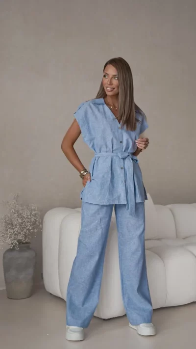 SIMPLICITY Komplet lniany (prążek niebieski)