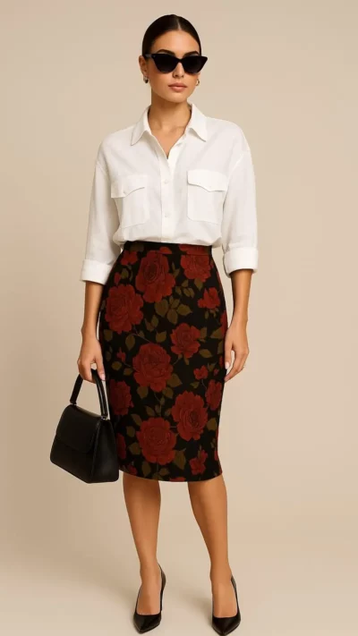 SIGMA Spódnica ołówkowa żakardowa (róże)