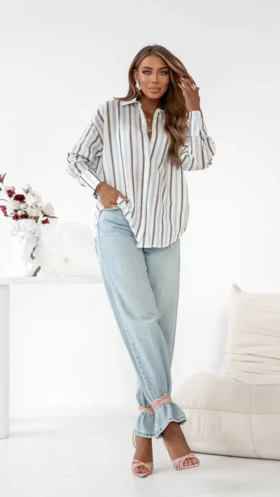 SIMPLICITY Koszula Roomy – Paski (ecru - błękit)