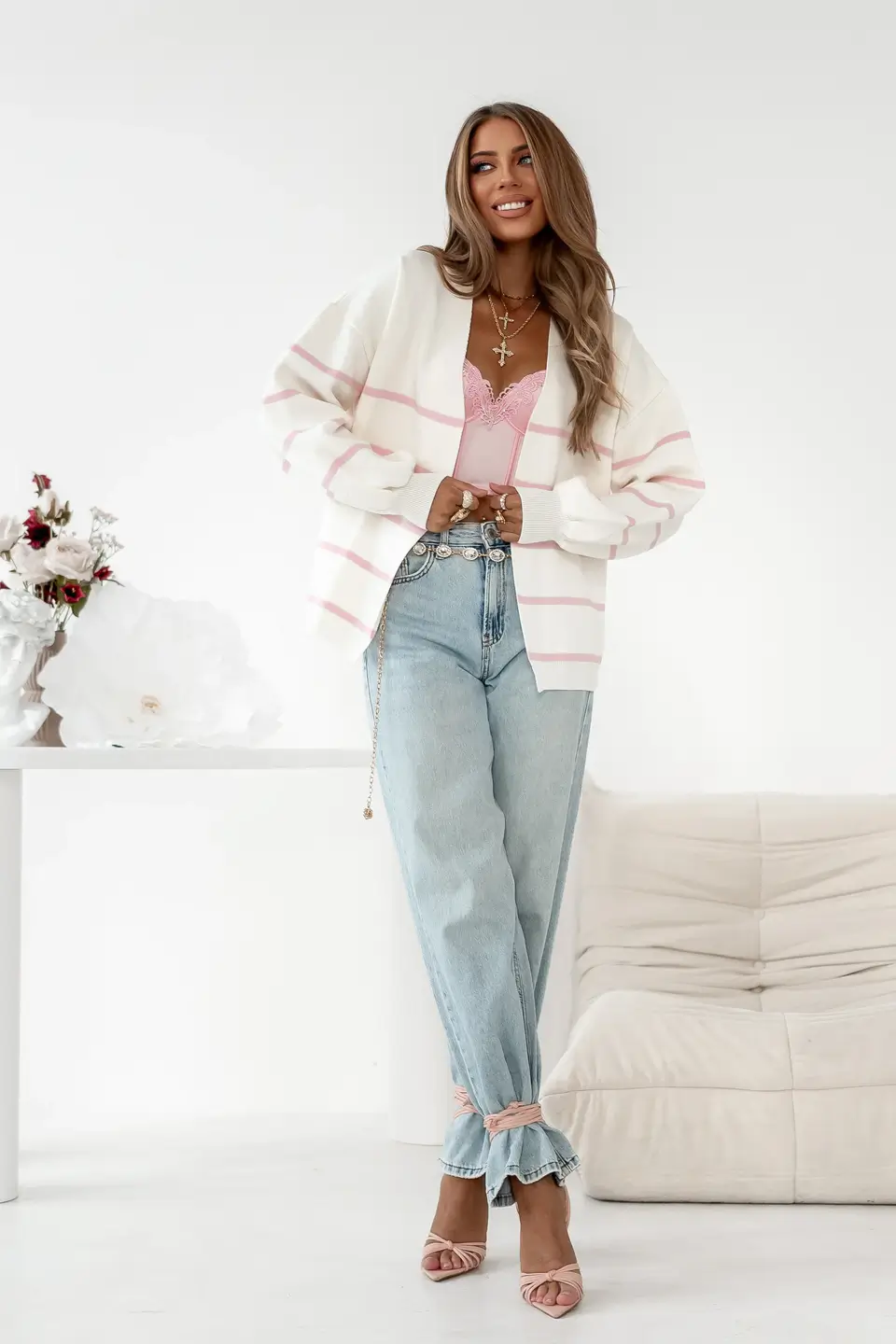 simplicity sweter stripes paski ecru roz 1