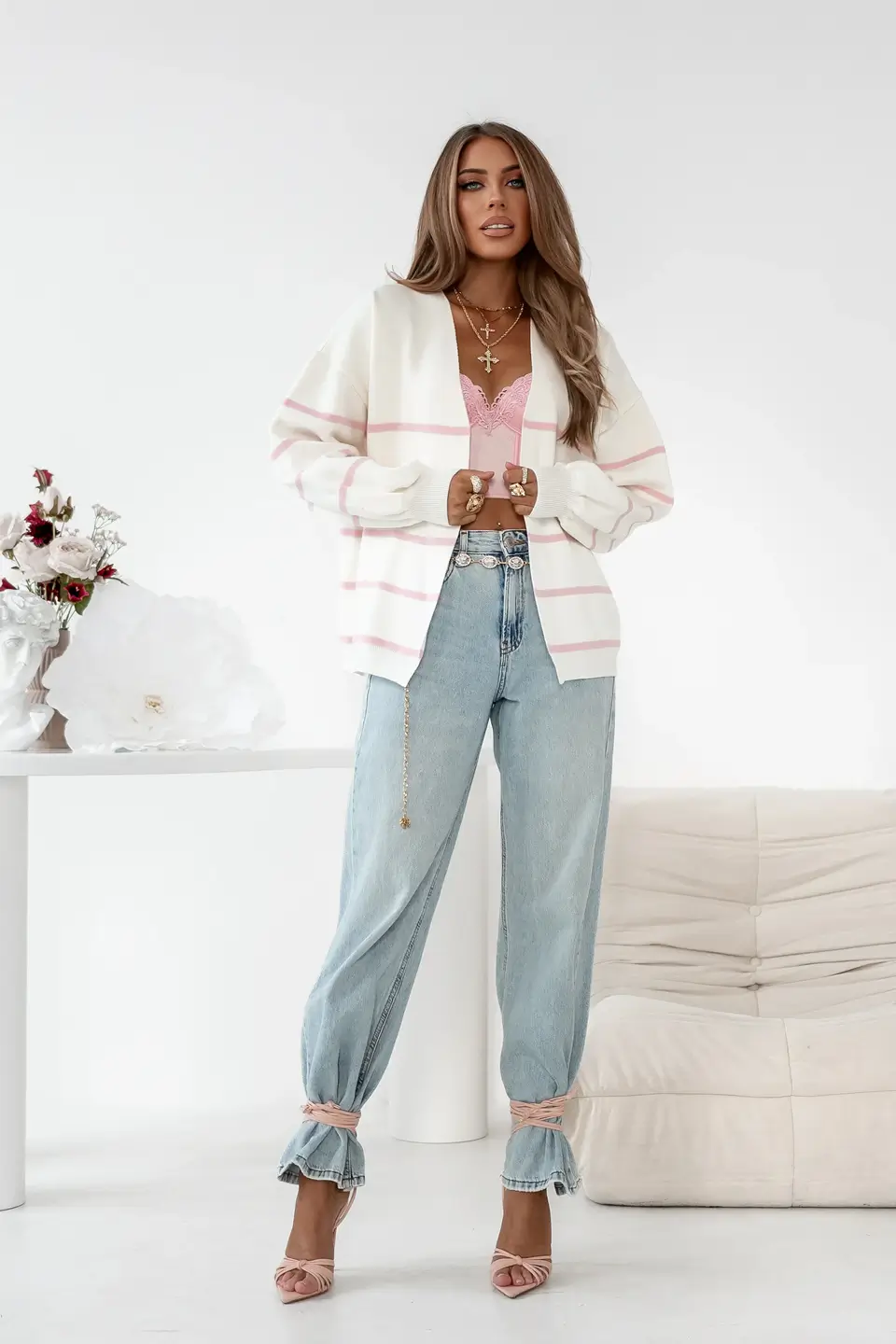 simplicity sweter stripes paski ecru roz 3