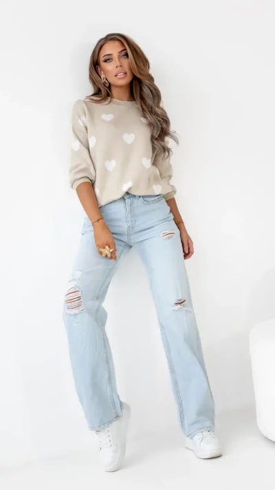 SIMPLICITY Sweter wzór serca (beż-ecru)