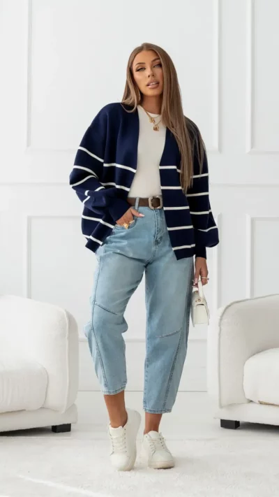 SIMPLICITY Kardigan damski z kaszmirem Stripes (granat - ecru)