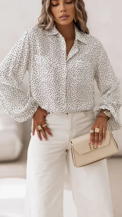 SIMPLICITY Koszula Pocket – print groszki ecru czerń